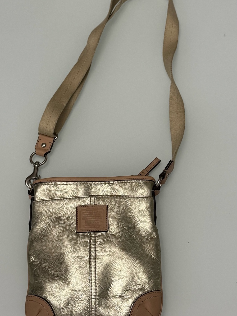 Coach Metallic Gold Crossbody with Tan Leather Trim